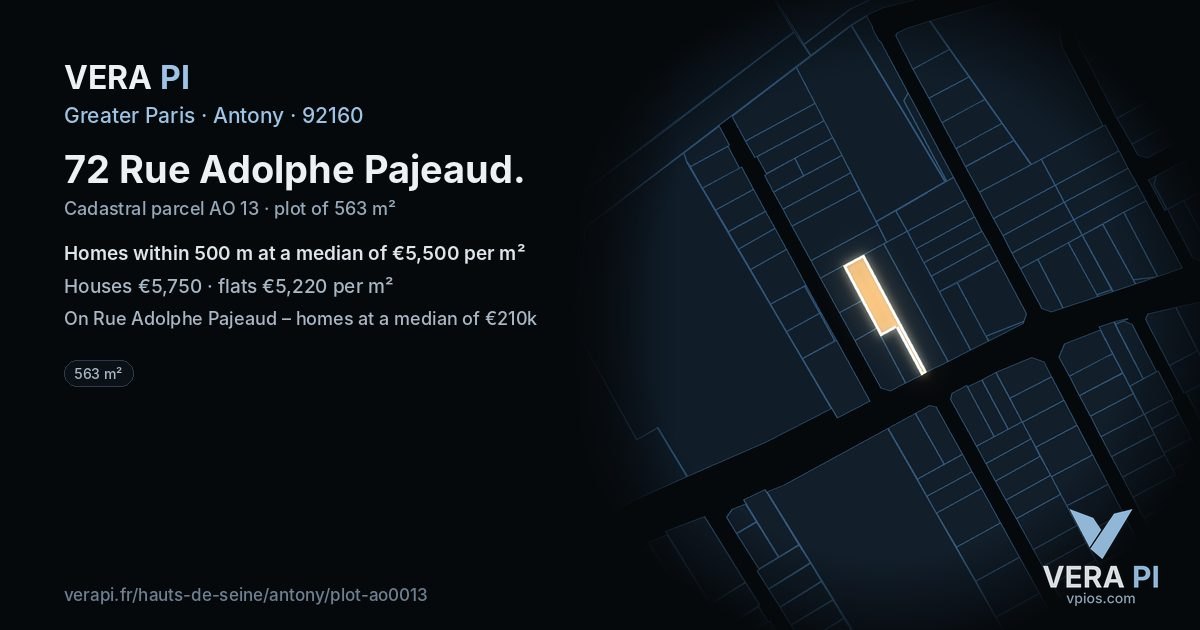 72 Rue Adolphe Pajeaud, Antony at night – the plot lit, the parcels around coloured by the prices near them