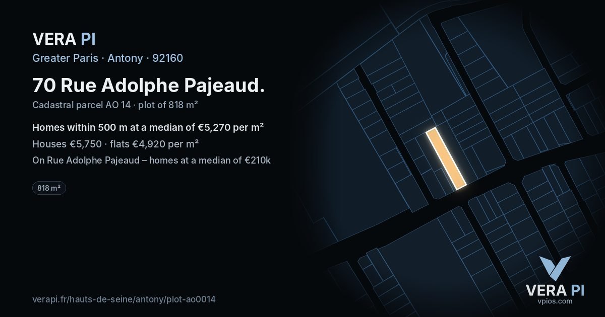 70 Rue Adolphe Pajeaud, Antony at night – the plot lit, the parcels around coloured by the prices near them