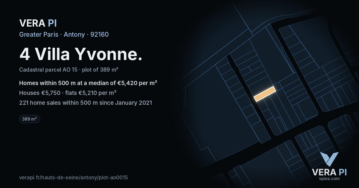 4 Villa Yvonne, Antony at night – the plot lit, the parcels around coloured by the prices near them