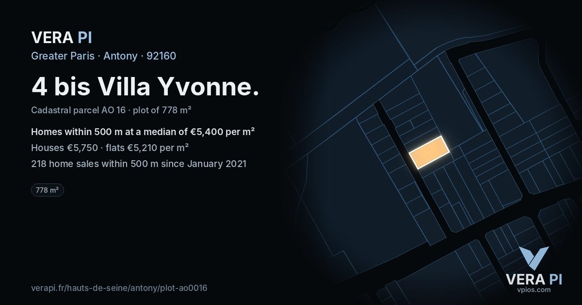 4 bis Villa Yvonne, Antony at night – the plot lit, the parcels around coloured by the prices near them