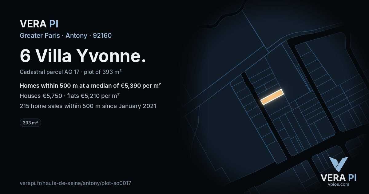 6 Villa Yvonne, Antony at night – the plot lit, the parcels around coloured by the prices near them