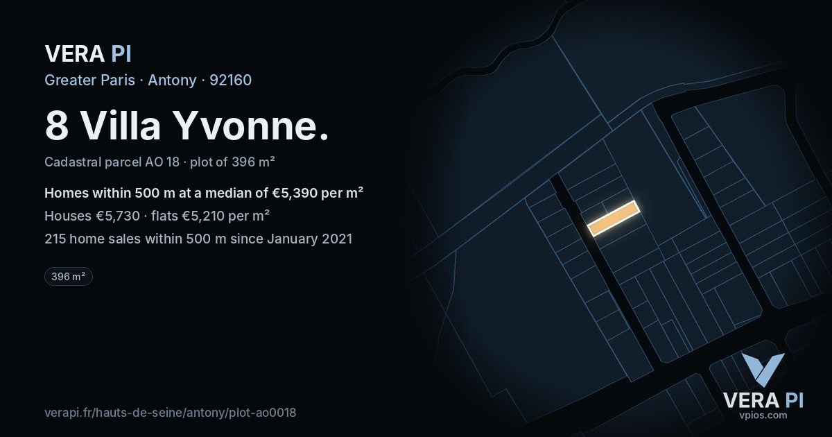 8 Villa Yvonne, Antony at night – the plot lit, the parcels around coloured by the prices near them