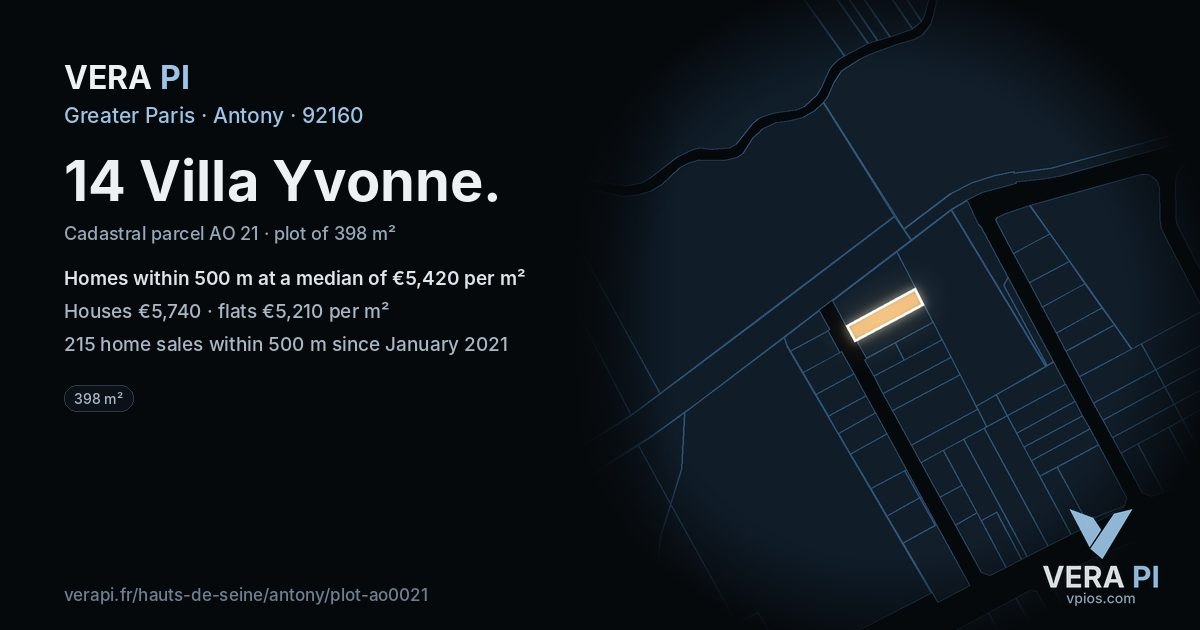 14 Villa Yvonne, Antony at night – the plot lit, the parcels around coloured by the prices near them
