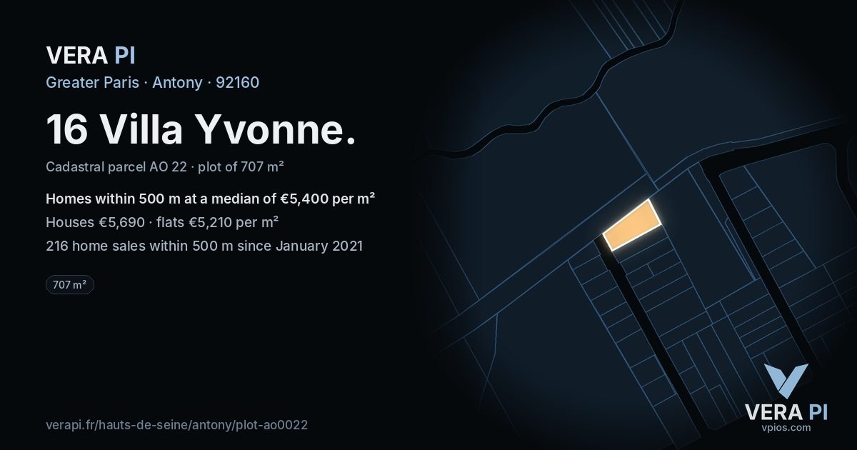 16 Villa Yvonne, Antony at night – the plot lit, the parcels around coloured by the prices near them
