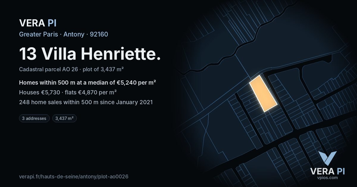 13 Villa Henriette, Antony at night – the plot lit, the parcels around coloured by the prices near them