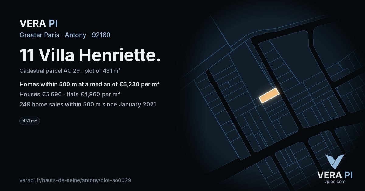 11 Villa Henriette, Antony at night – the plot lit, the parcels around coloured by the prices near them