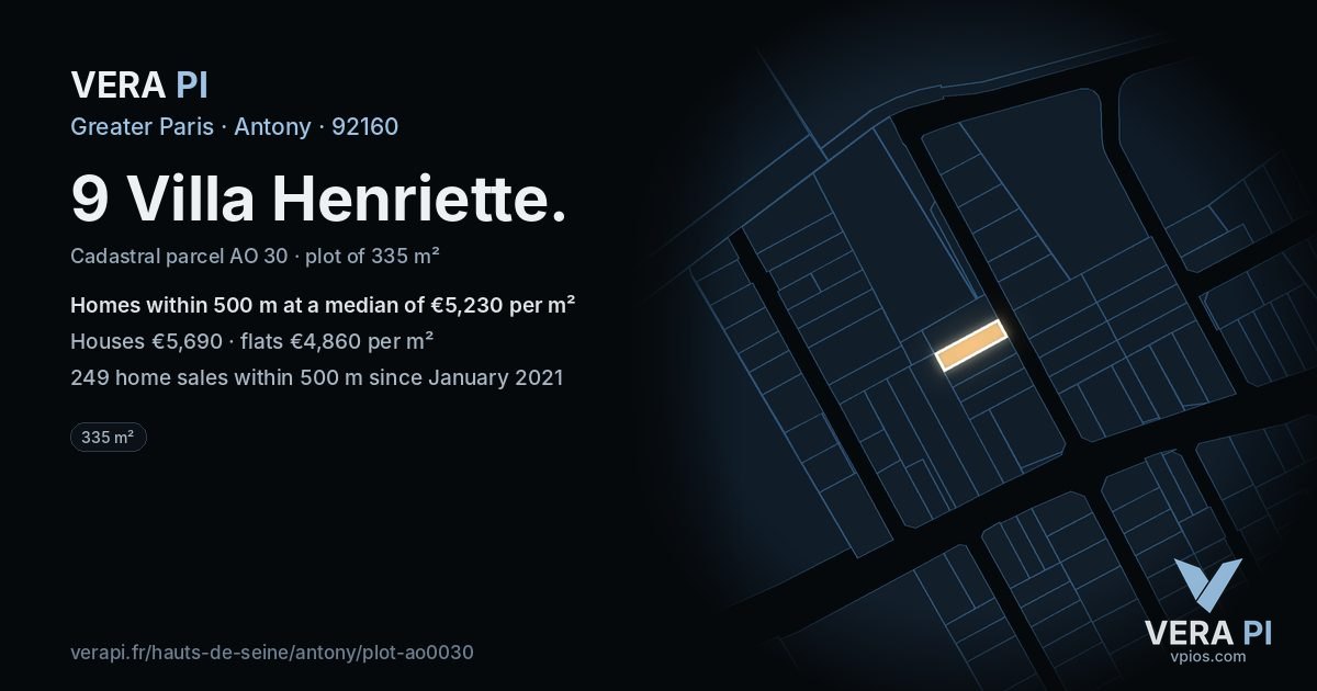9 Villa Henriette, Antony at night – the plot lit, the parcels around coloured by the prices near them