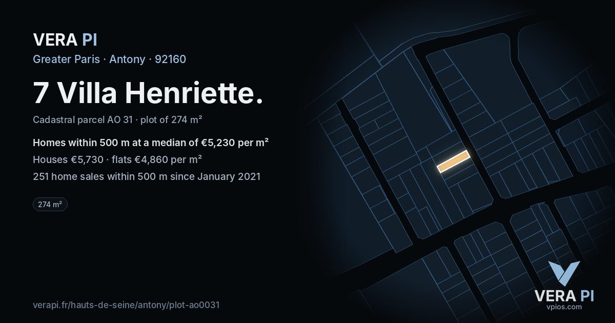 7 Villa Henriette, Antony at night – the plot lit, the parcels around coloured by the prices near them