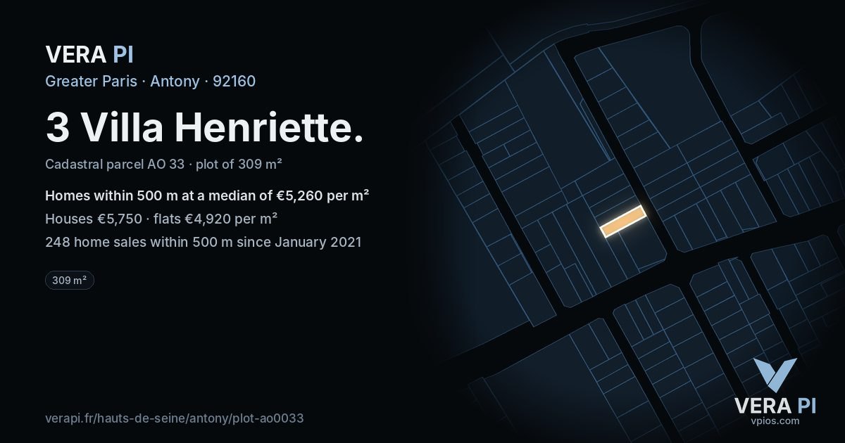 3 Villa Henriette, Antony at night – the plot lit, the parcels around coloured by the prices near them