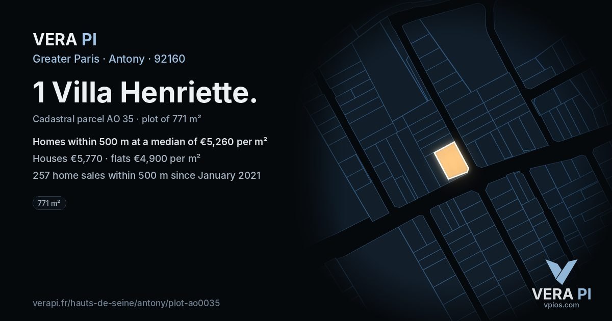 1 Villa Henriette, Antony at night – the plot lit, the parcels around coloured by the prices near them
