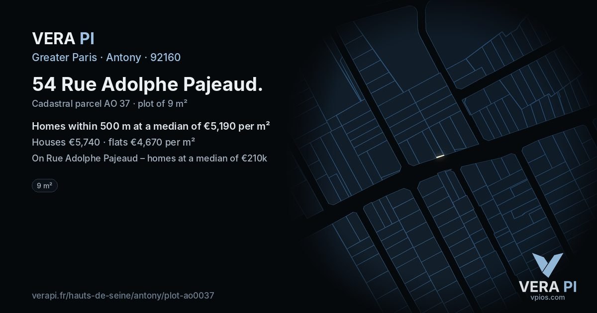 54 Rue Adolphe Pajeaud, Antony at night – the plot lit, the parcels around coloured by the prices near them