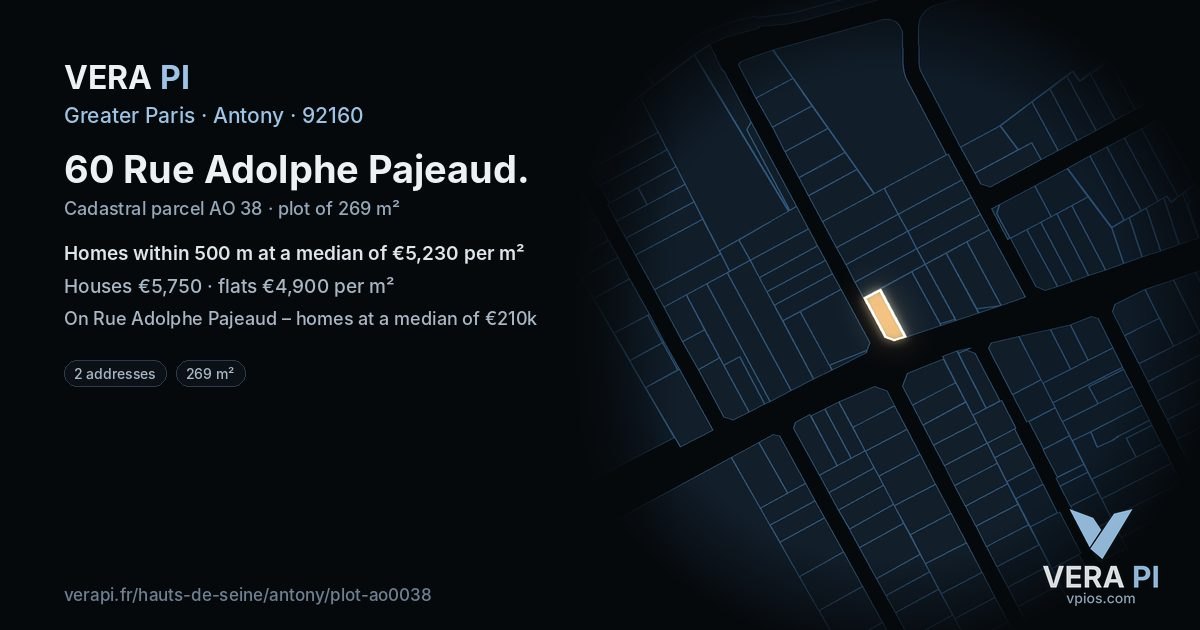 60 Rue Adolphe Pajeaud, Antony at night – the plot lit, the parcels around coloured by the prices near them