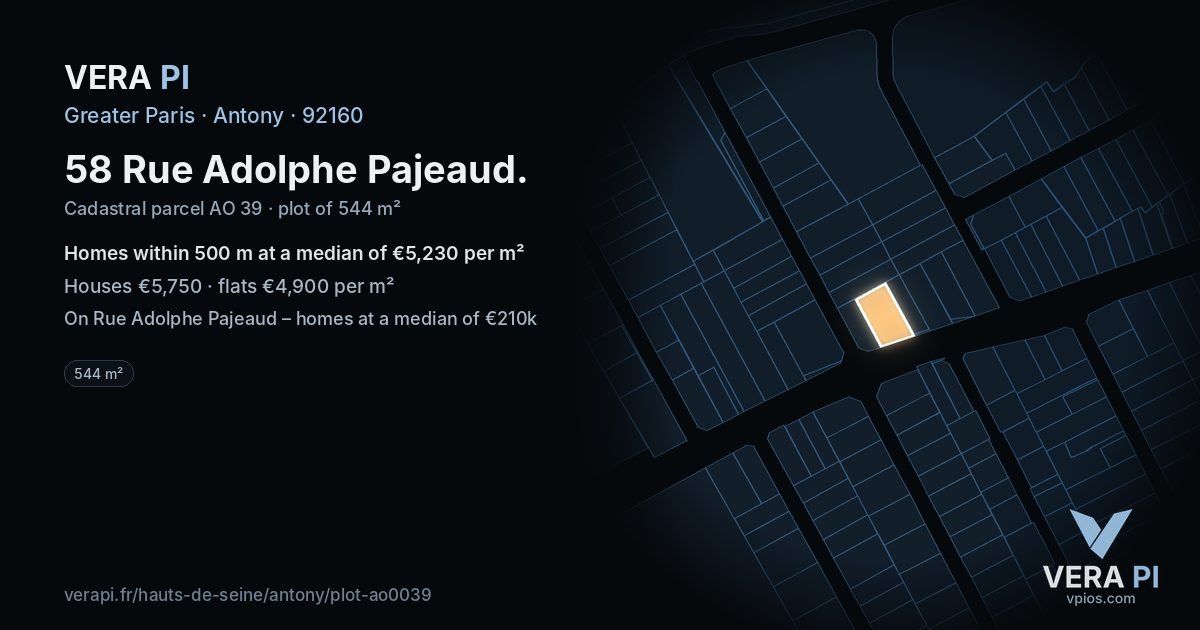 58 Rue Adolphe Pajeaud, Antony at night – the plot lit, the parcels around coloured by the prices near them