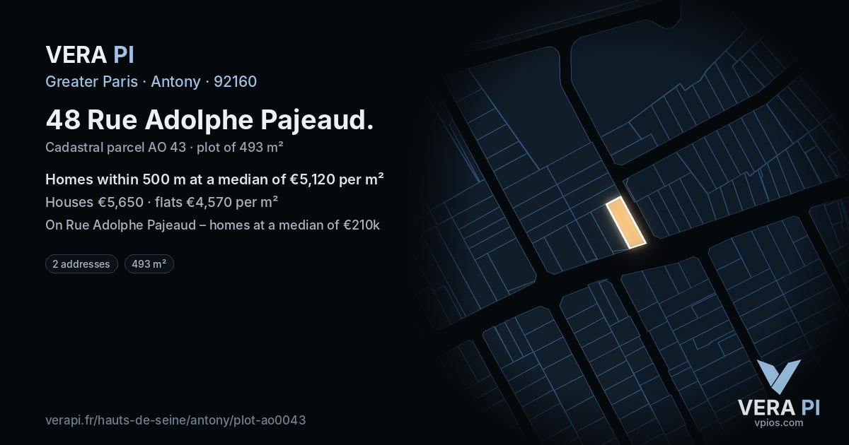 48 Rue Adolphe Pajeaud, Antony at night – the plot lit, the parcels around coloured by the prices near them