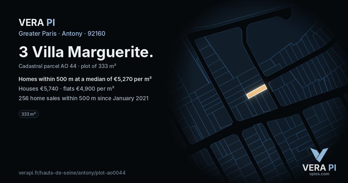 3 Villa Marguerite, Antony at night – the plot lit, the parcels around coloured by the prices near them