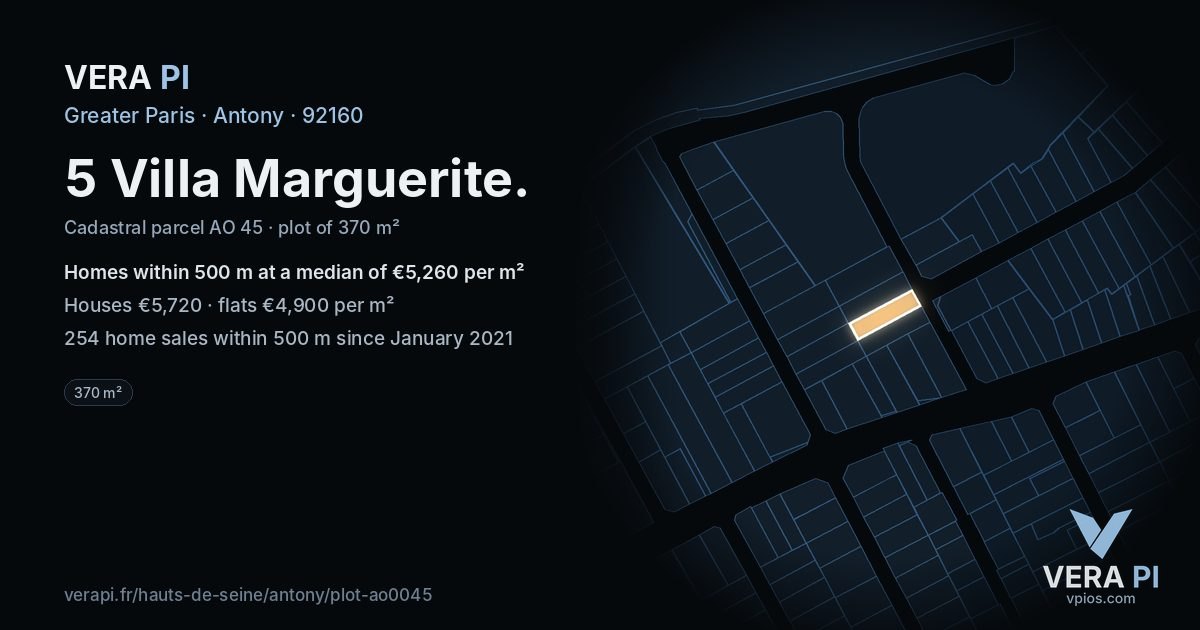 5 Villa Marguerite, Antony at night – the plot lit, the parcels around coloured by the prices near them