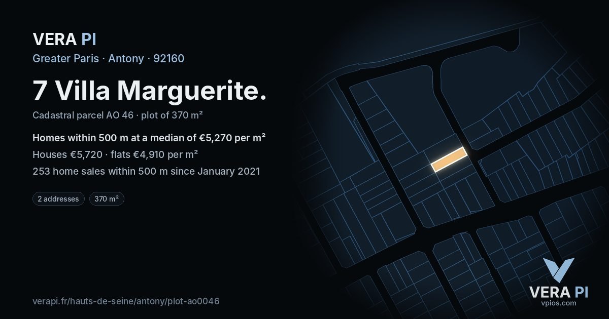 7 Villa Marguerite, Antony at night – the plot lit, the parcels around coloured by the prices near them