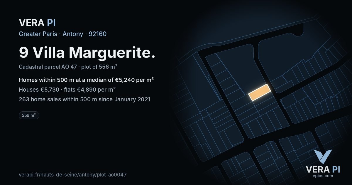 9 Villa Marguerite, Antony at night – the plot lit, the parcels around coloured by the prices near them
