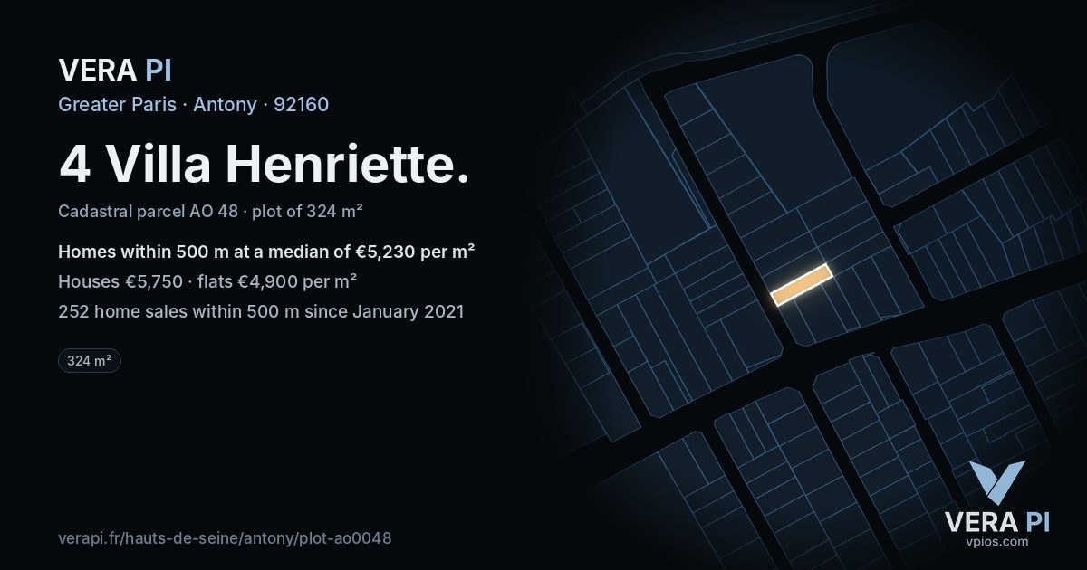 4 Villa Henriette, Antony at night – the plot lit, the parcels around coloured by the prices near them