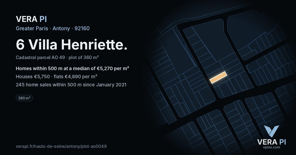 6 Villa Henriette, Antony at night – the plot lit, the parcels around coloured by the prices near them