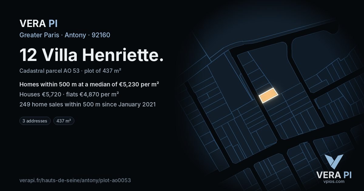 12 Villa Henriette, Antony at night – the plot lit, the parcels around coloured by the prices near them
