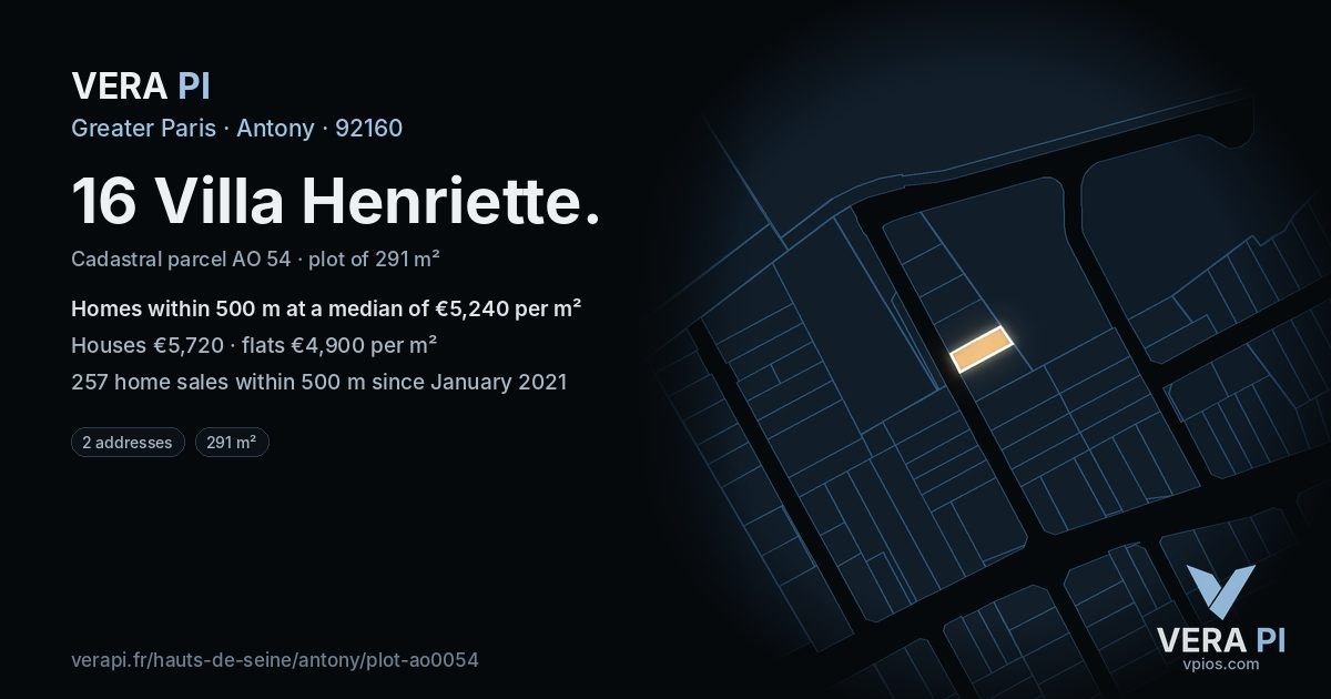 16 Villa Henriette, Antony at night – the plot lit, the parcels around coloured by the prices near them