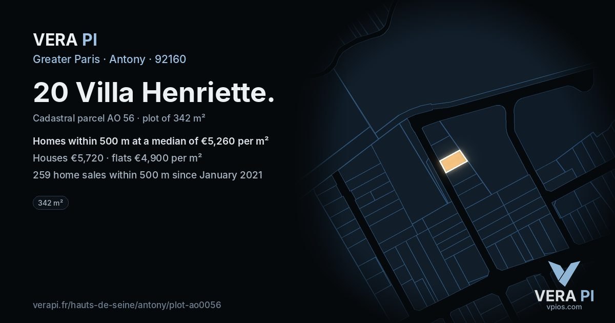 20 Villa Henriette, Antony at night – the plot lit, the parcels around coloured by the prices near them