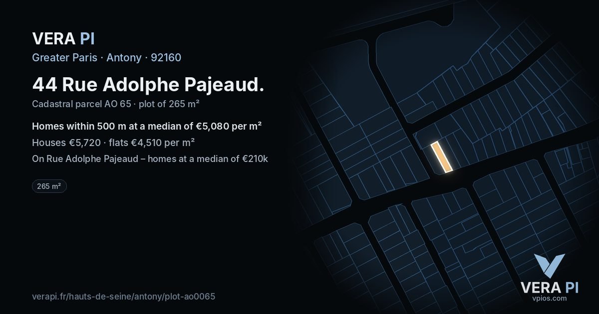 44 Rue Adolphe Pajeaud, Antony at night – the plot lit, the parcels around coloured by the prices near them