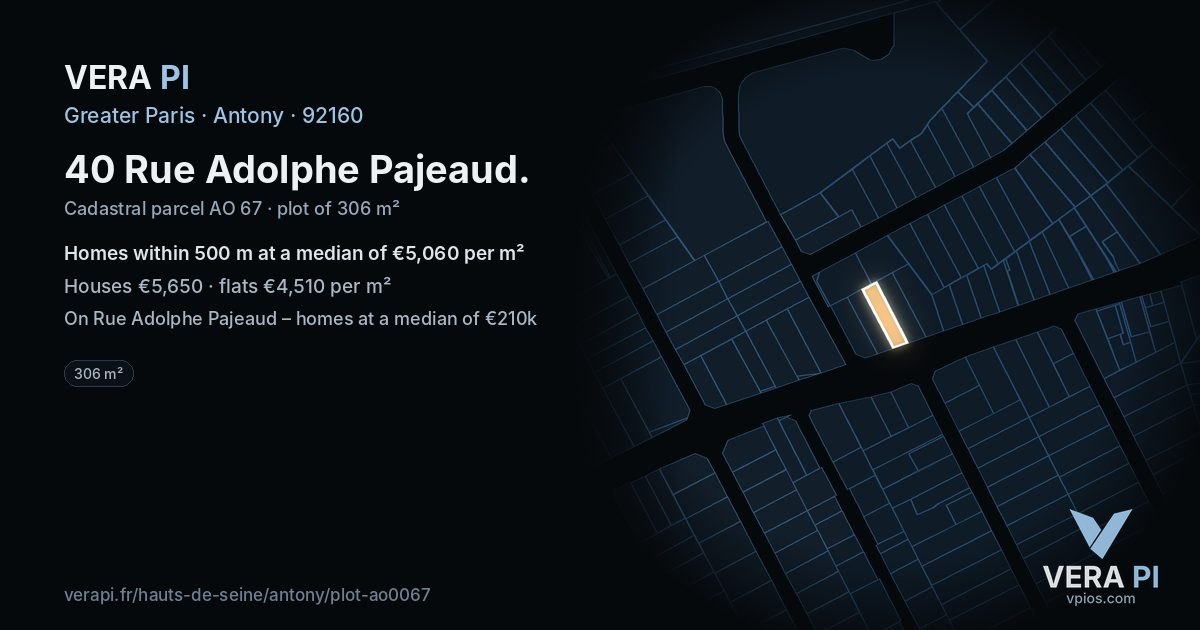 40 Rue Adolphe Pajeaud, Antony at night – the plot lit, the parcels around coloured by the prices near them