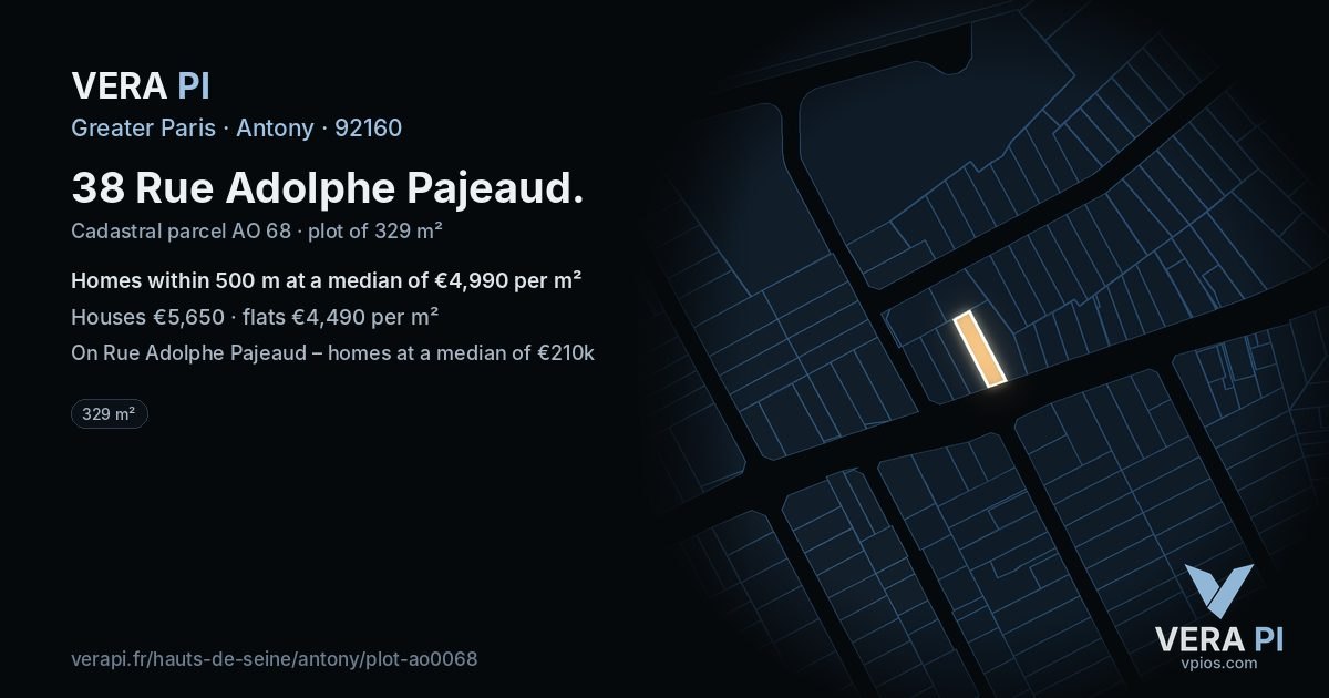 38 Rue Adolphe Pajeaud, Antony at night – the plot lit, the parcels around coloured by the prices near them