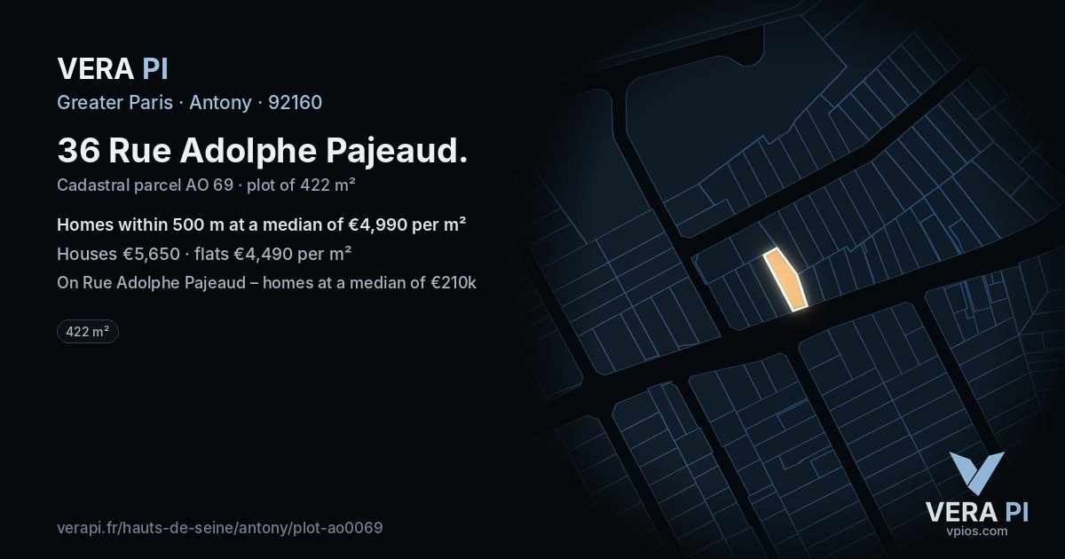 36 Rue Adolphe Pajeaud, Antony at night – the plot lit, the parcels around coloured by the prices near them