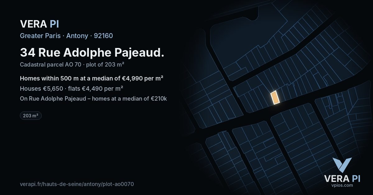 34 Rue Adolphe Pajeaud, Antony at night – the plot lit, the parcels around coloured by the prices near them