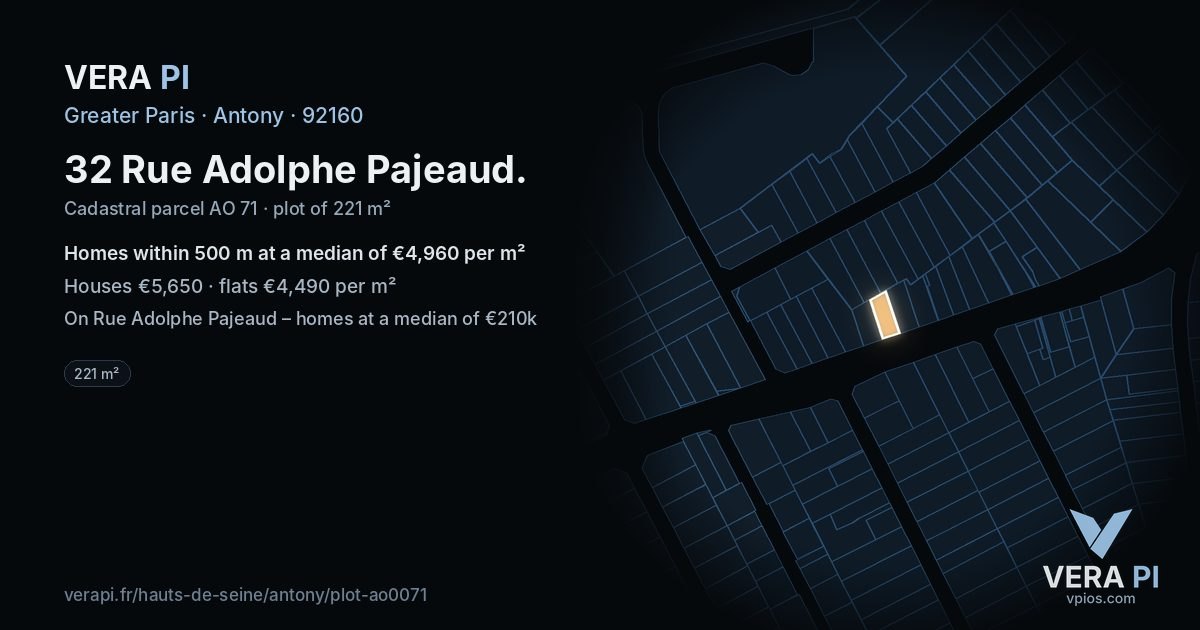 32 Rue Adolphe Pajeaud, Antony at night – the plot lit, the parcels around coloured by the prices near them