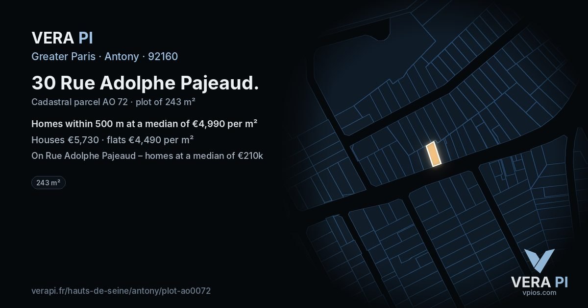30 Rue Adolphe Pajeaud, Antony at night – the plot lit, the parcels around coloured by the prices near them