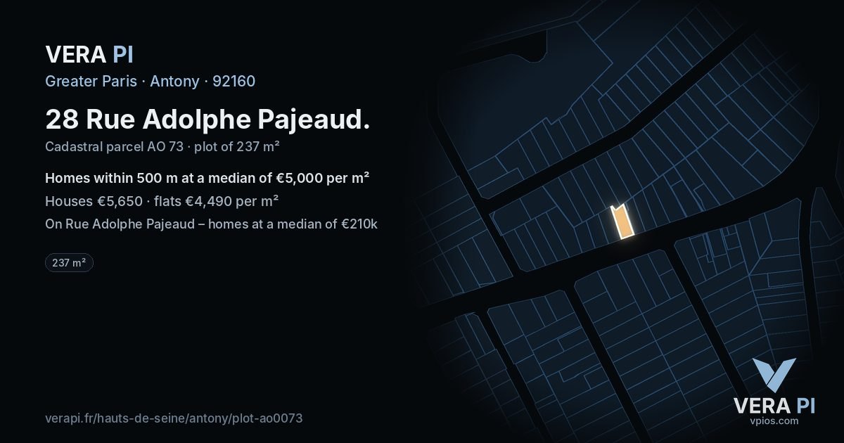 28 Rue Adolphe Pajeaud, Antony at night – the plot lit, the parcels around coloured by the prices near them