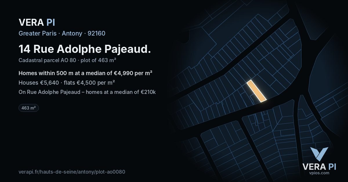 14 Rue Adolphe Pajeaud, Antony at night – the plot lit, the parcels around coloured by the prices near them