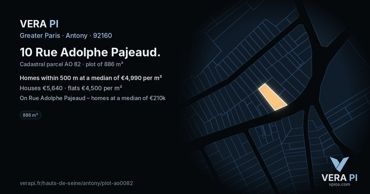 10 Rue Adolphe Pajeaud, Antony at night – the plot lit, the parcels around coloured by the prices near them