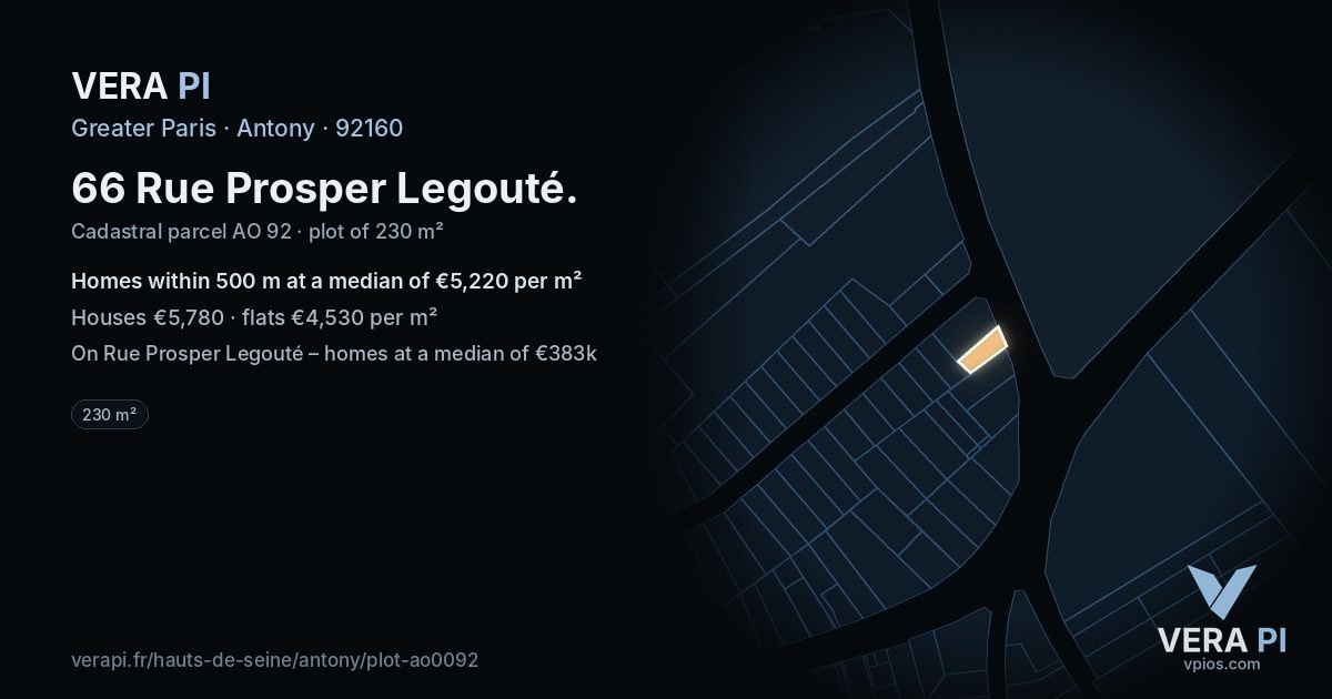 66 Rue Prosper Legouté, Antony at night – the plot lit, the parcels around coloured by the prices near them