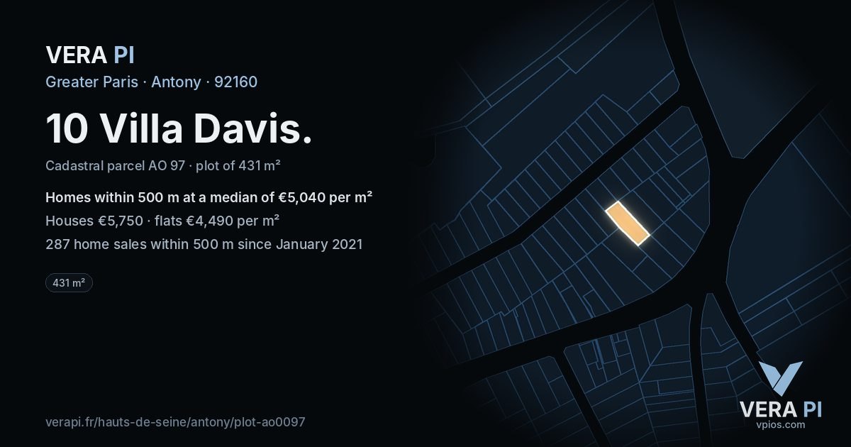 10 Villa Davis, Antony at night – the plot lit, the parcels around coloured by the prices near them