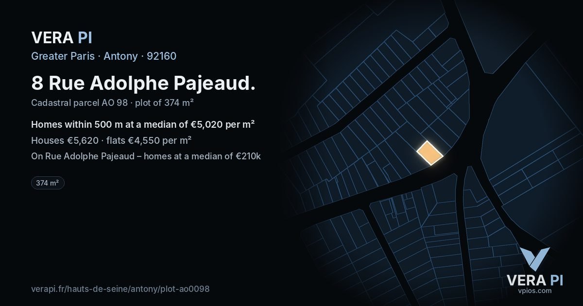 8 Rue Adolphe Pajeaud, Antony at night – the plot lit, the parcels around coloured by the prices near them
