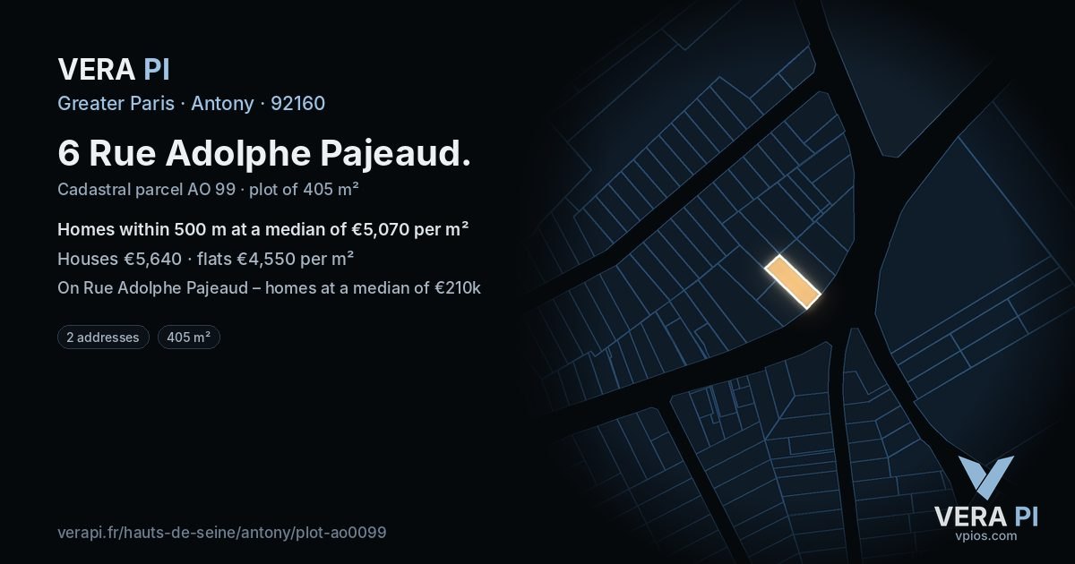 6 Rue Adolphe Pajeaud, Antony at night – the plot lit, the parcels around coloured by the prices near them