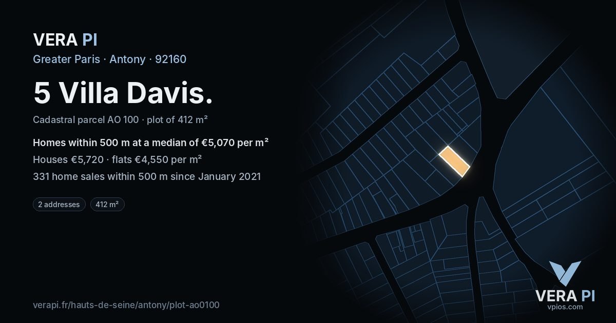 5 Villa Davis, Antony at night – the plot lit, the parcels around coloured by the prices near them