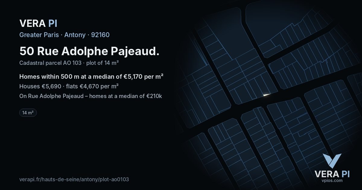 50 Rue Adolphe Pajeaud, Antony at night – the plot lit, the parcels around coloured by the prices near them