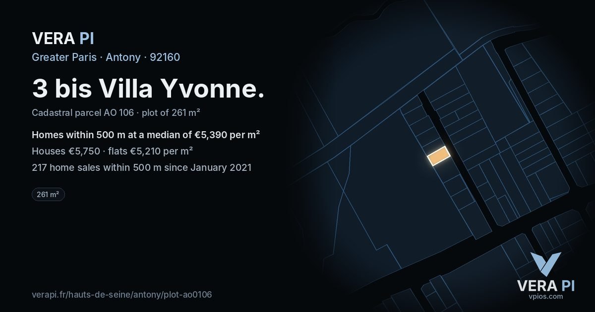 3 bis Villa Yvonne, Antony at night – the plot lit, the parcels around coloured by the prices near them