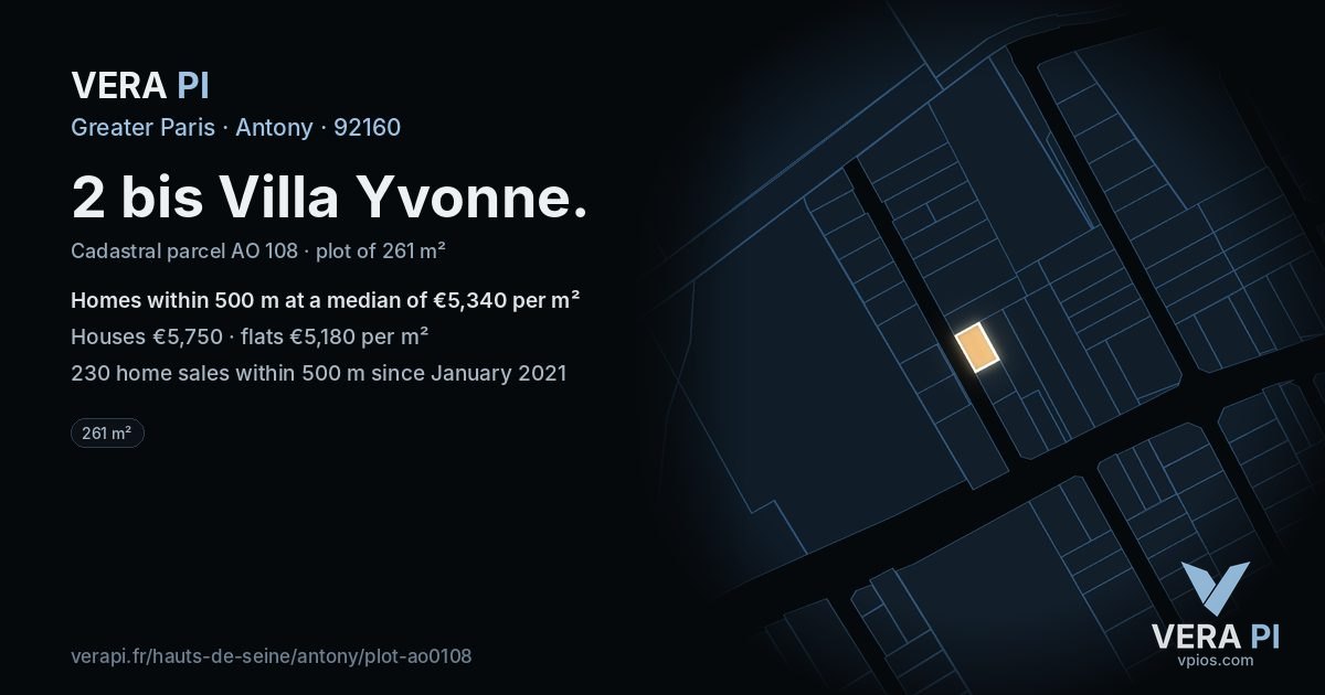 2 bis Villa Yvonne, Antony at night – the plot lit, the parcels around coloured by the prices near them