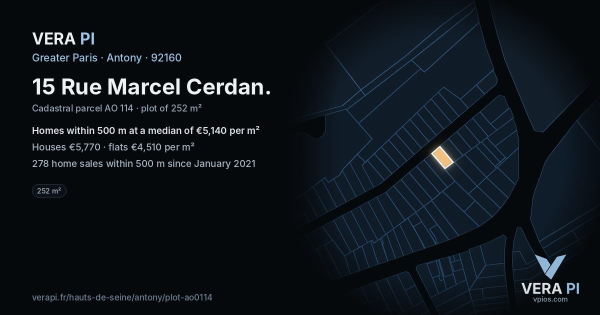 15 Rue Marcel Cerdan, Antony at night – the plot lit, the parcels around coloured by the prices near them