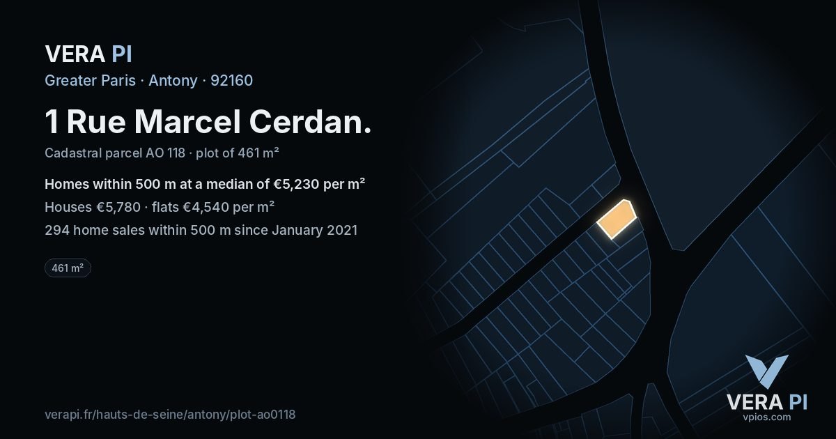 1 Rue Marcel Cerdan, Antony at night – the plot lit, the parcels around coloured by the prices near them