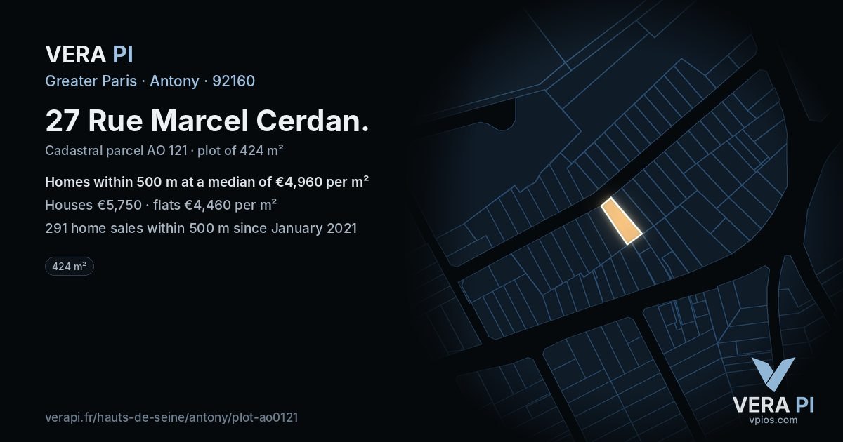 27 Rue Marcel Cerdan, Antony at night – the plot lit, the parcels around coloured by the prices near them