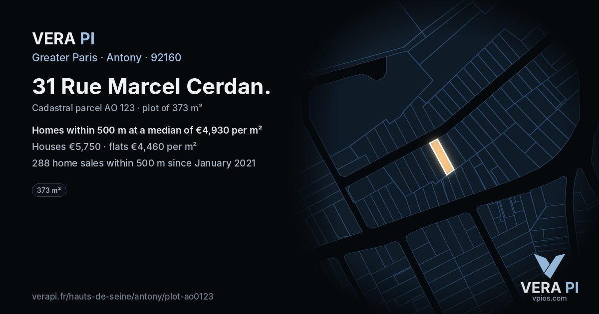 31 Rue Marcel Cerdan, Antony at night – the plot lit, the parcels around coloured by the prices near them