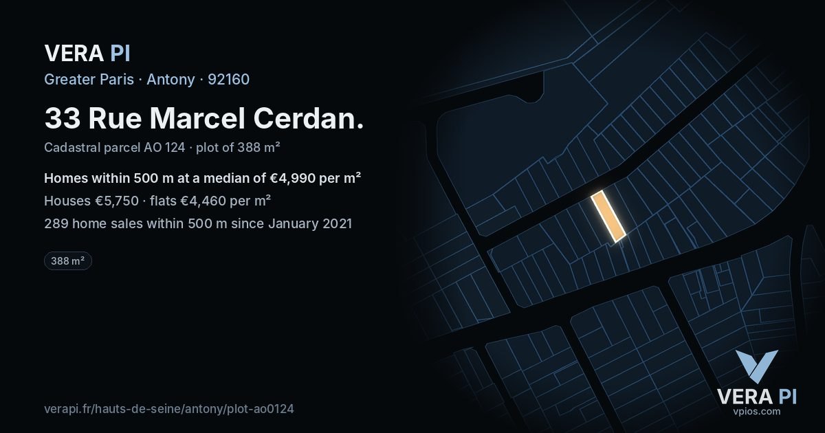 33 Rue Marcel Cerdan, Antony at night – the plot lit, the parcels around coloured by the prices near them